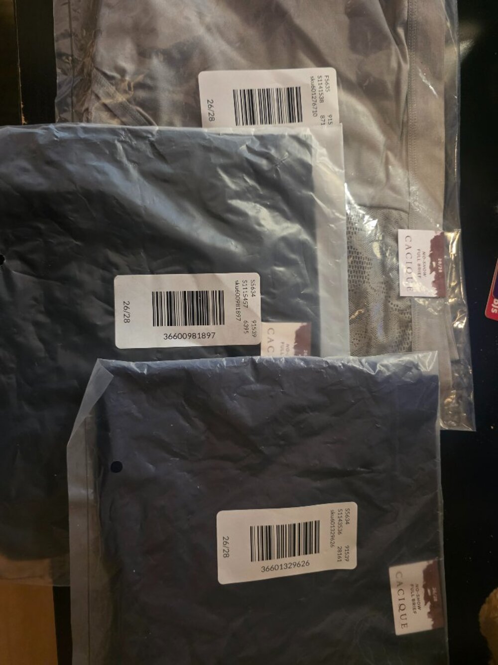 3 Pair Cacique No Show, Full Brief Panties Black/Tan, Navy and Grey Embroidered